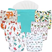 Vista 10 de wegreeco Pañales de tela, paquete de 6 con 6 insertos y 1 bolsa húmeda, pañales de tela lavables para bebés, talla única ajustable reutilizable Coche