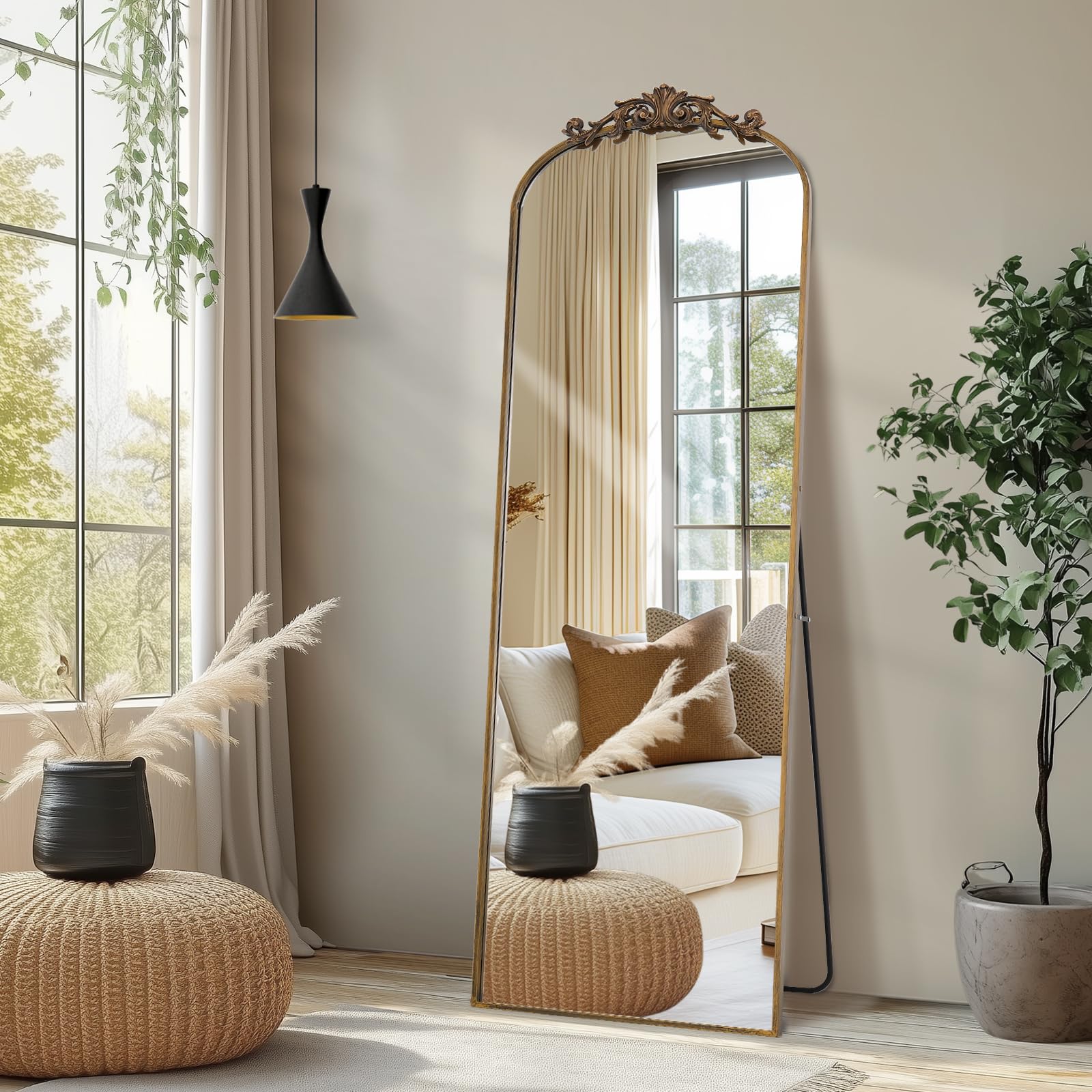 Melodieux 58"x18" Arched Full-Length Mirror with Vintage Ornate Carved Accents- Freestanding or Wall-Mounted, Bronze Metal Frame for Bedroom, Living Room & Entryway