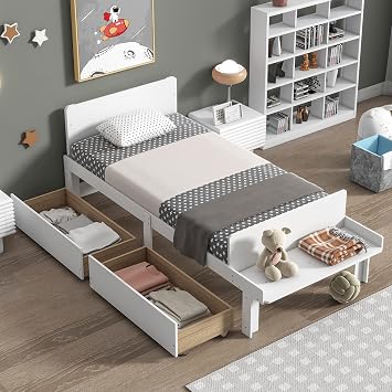 Dolonm Twin Kids Bed Frame with 2 Drawers, Storage Platform Bed, White Pine Wood