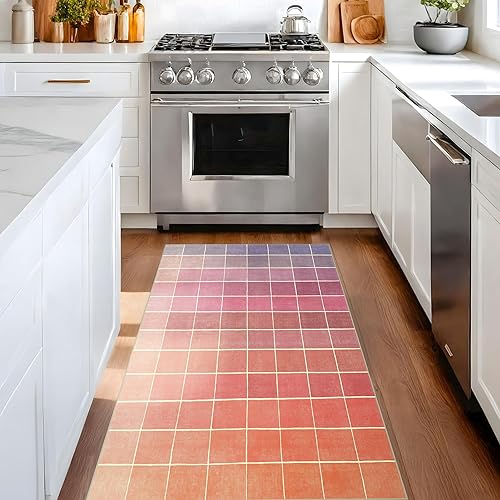 Miniatura 3 de Alfombra moderna de mediados de siglo a cuadros color rosa degradado de 3 x 5 pulgadas, retro, ecléctica, colorida, contemporánea, lavable,