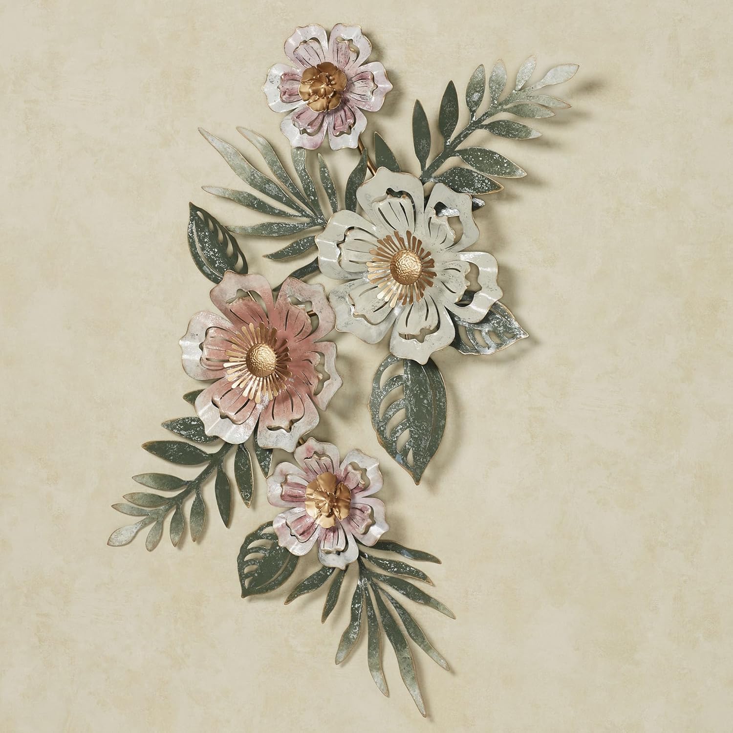 Floral Sway Wall Art Sculpture | Flower Blossoms | Bloom Metal Wall Art Decor | Hanging Wall Decor | Leaf | Pastel Pink Ivory Gold | Horizontal Vertical Nature | Handpainted | Dimensional Home Accent