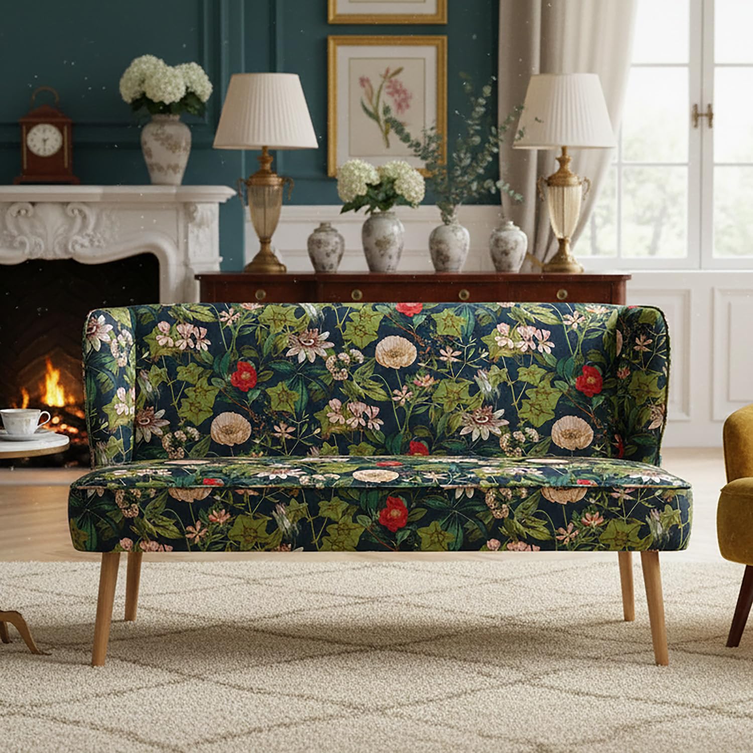 DUBI Möbel Sitzbank Sophia 140 cm mit Federkernpolsterung – Komfortable Esszimmerbank im Blumen-Design – Gepolsterte Küchenbank Dunkelblau Floral – 2-Sitzer Sofa mit Holzbeinen
