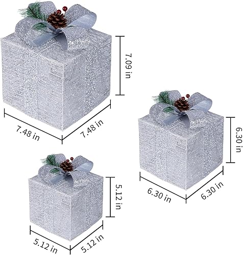 Miniatura 5 de Juego de 3 cajas de regalo iluminadas de Navidad, cajas de regalo preiluminadas de 60 LED, cajas plateadas con luces blancas, decoraciones navideñas