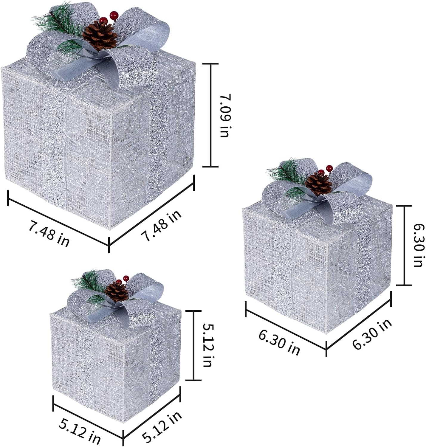 Lot de 3 boîtes cadeaux de Noël lumineuses pré-éclairées à 60 DEL avec lumières blanches, décorations de Noël à piles pour intérieur, maison, fête, décoration de pelouse