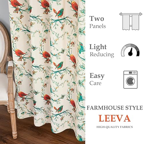 Miniatura 3 de Leeva - Cortinas impresas para ventana de dormitorio, cortinas de lino con ojales de aislamiento térmico con estampado de pájaros vívidos y