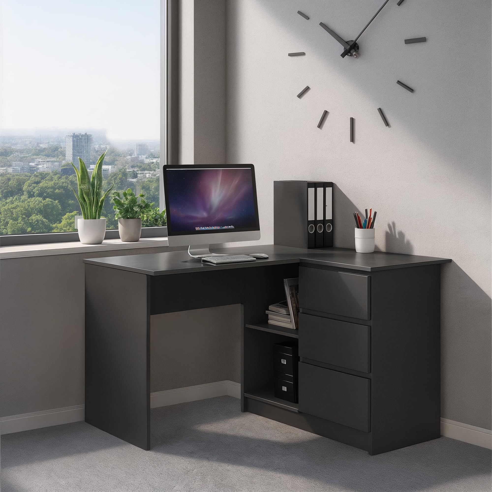 AKORD Bureau d'angle avec 2 étagères et 3 Tiroirs | Table avec Meuble de Rangement intégré et modulable | L124 x H77 x P85 | Fourniture Bureau | Blanc & Graphite Façade