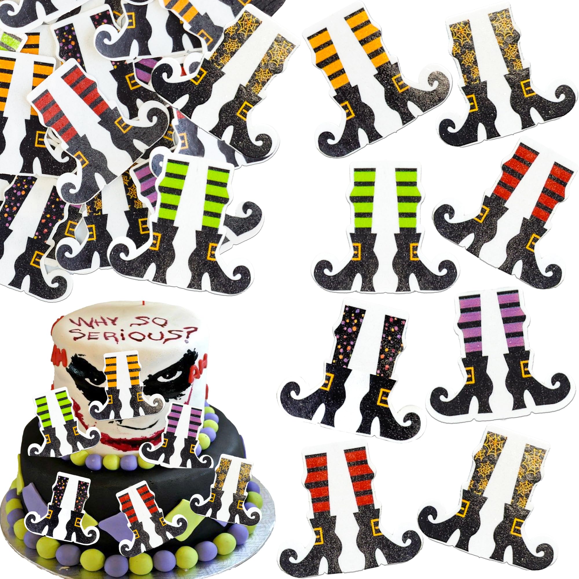 Ephlyn 54Pcs Edible Halloween Cupcake Toppers Wafer Paper Witch Leg Cupcake Topper Witch Cake Decors Halloween Party Cake Decoration Supplies Black Orange Green