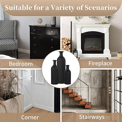 Miniatura 8 de Sziqiqi Jarrones negros grandes de 27 pulgadas de alto, juego de 3 jarrones de metal con textura de panal moderno para sala de estar, comedor,