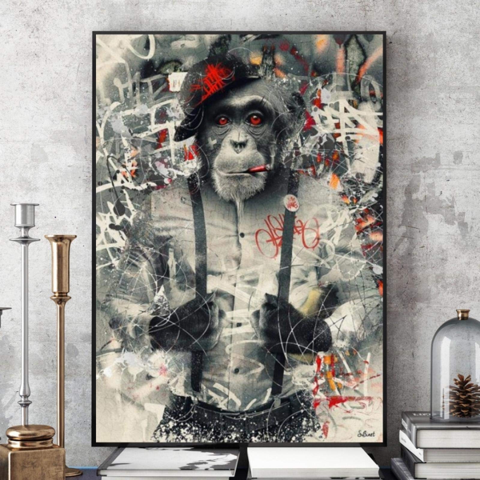 Funny Smoking Monkey In Suit Art Posters and Prints Graffiti Art Animal Canvas Painting on Wall Pictures for Room Decor 60x80cm Frameless