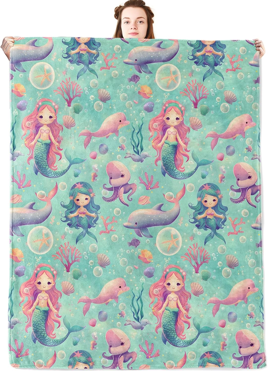 Magical Mermaid Flannel Blanket,Cute Ocean Design Throw with Dolphin,Octopus,Coral and Sea Shell,Lightweight Fleece Blankets for Marine Lover,Couch,Cabin,Bed,Camping Decor Gifts,60x50in