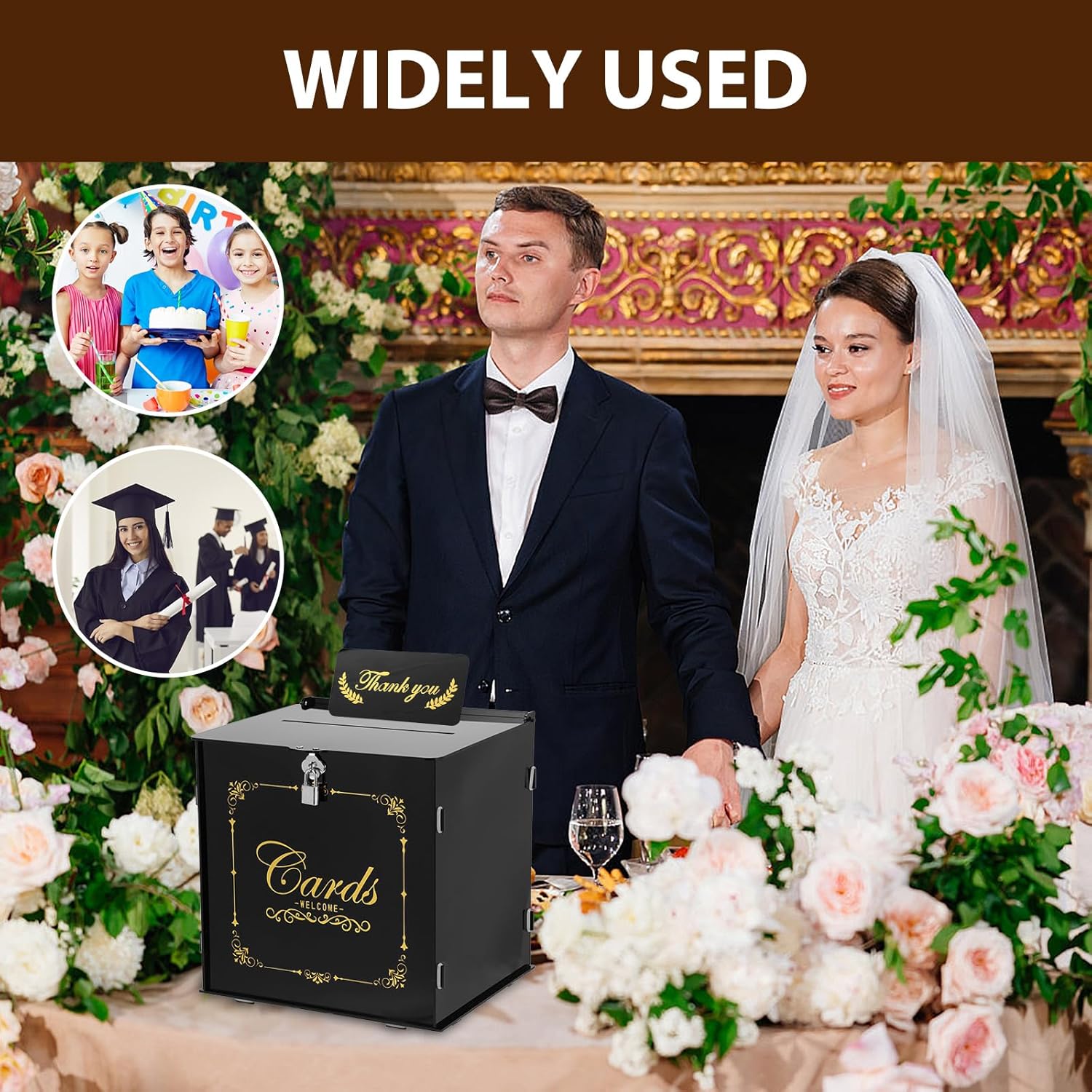 Acrylic Card Box Transparent Envelope Box Large Capacity Party Card Case Secure Locking for Party Anniversary(black,1 set)