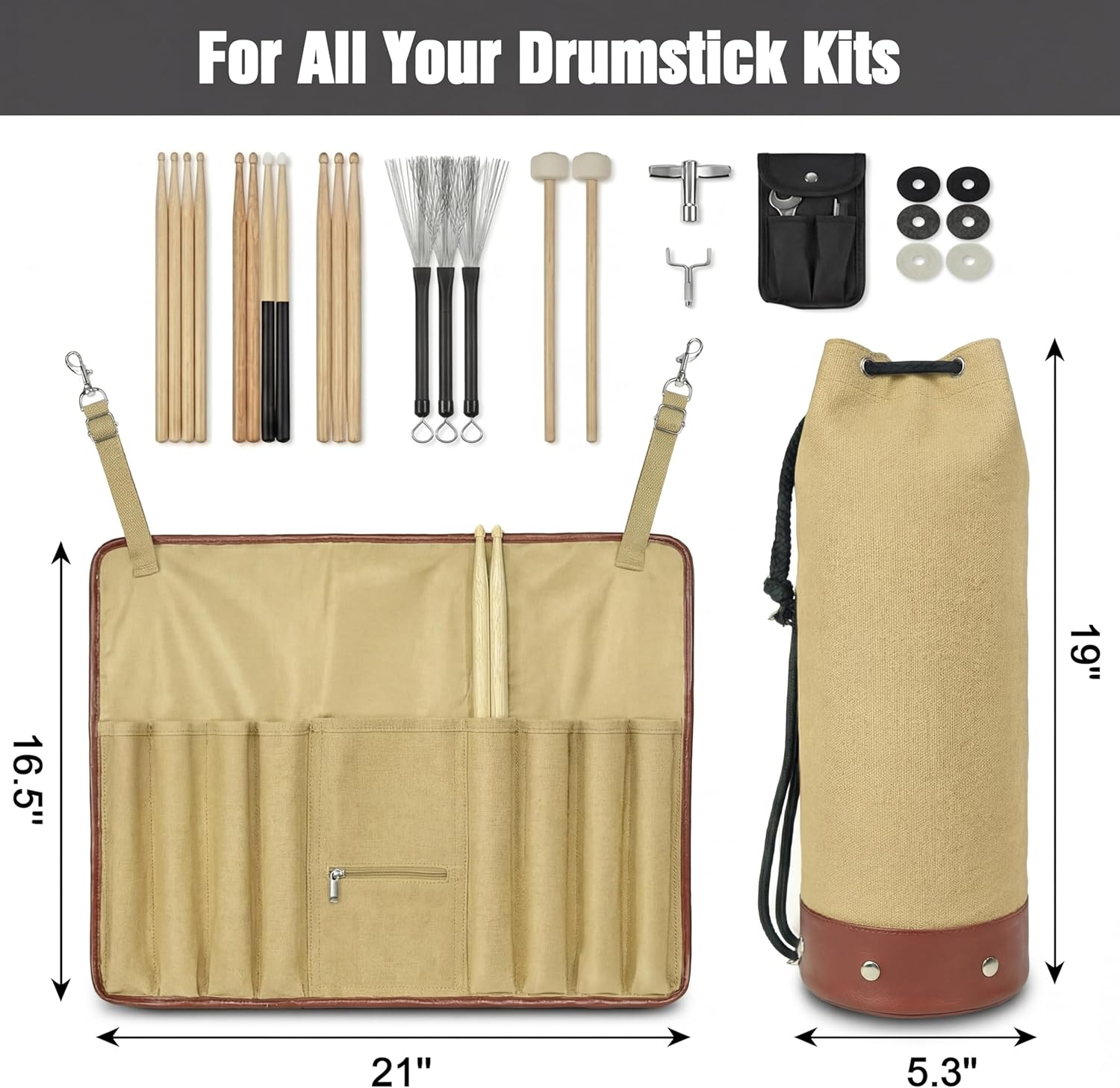 Drum Stick Bag, Crossbody Shoulder Strap Portable Vintage Drumstick Bag Kit Gifts for Drummers, Beginners, Khaki