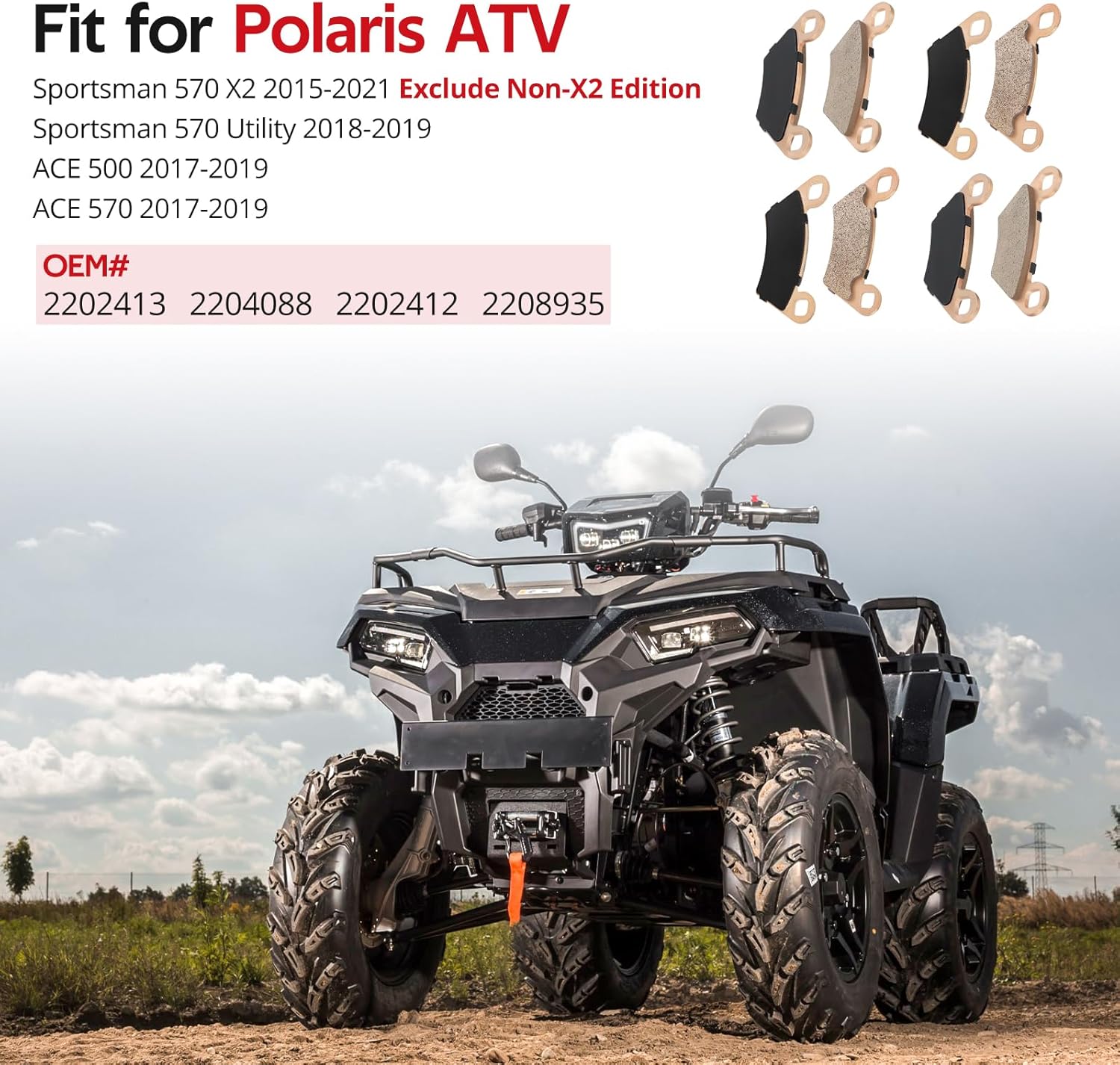 Front & Rear Sintered Brake Pads Compatible With Polaris Sportsman 570-X2 2015-2021 570-Utility 2018-2019 ACE 500 570 2017-2019