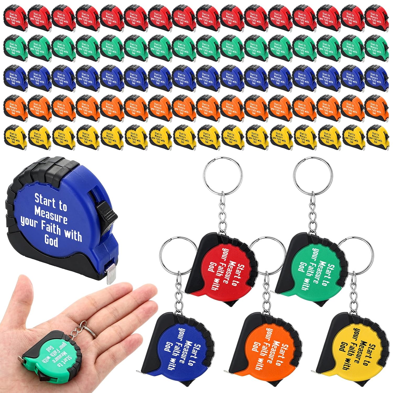 80 Pcs Small Tape Measure Keychain Bulk 3 ft Father's Day Church Gifts Start to Measure Your Faith with God Mini Retractable Tape with Lock Keychains Christian Birthday Gifts for Adult