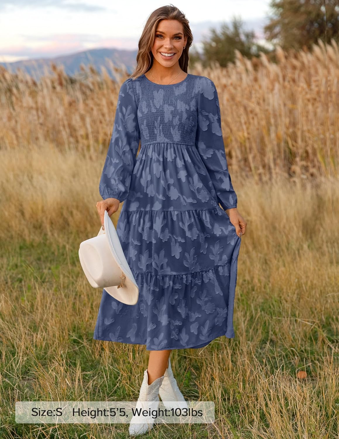 ZESICA Women's Fall Boho Floral Midi Dress 2026 Casual Long Sleeve Crewneck Flowy Wedding Guest Long Dresses - Image 6