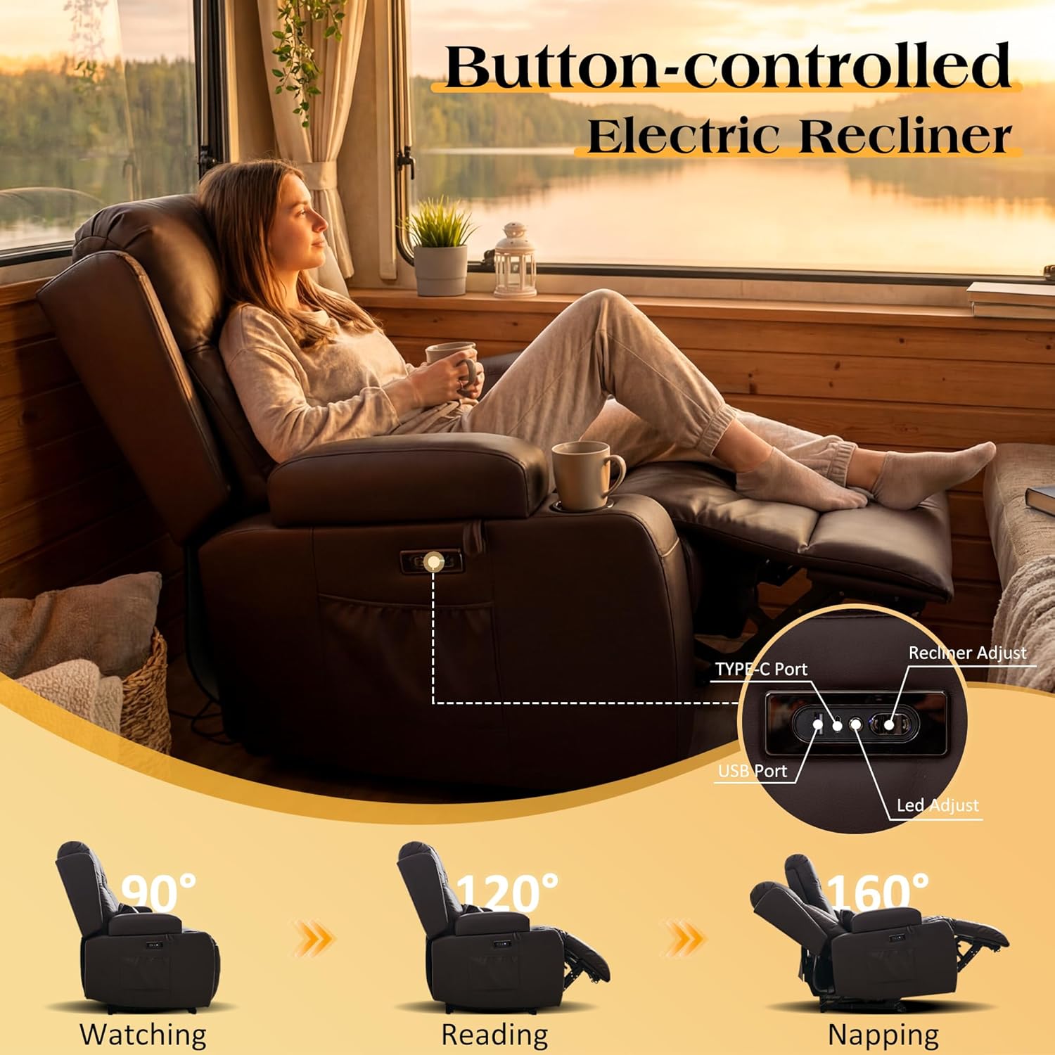 TUNYI RV Loveseat Recliner Sofa, Wall Hugger Reclining Loveseat with Console RV Recliner Sofa with Cup Holder/USB&C/Outlet/Pillow/Storage Drawer for Travel Trailers (Brown)