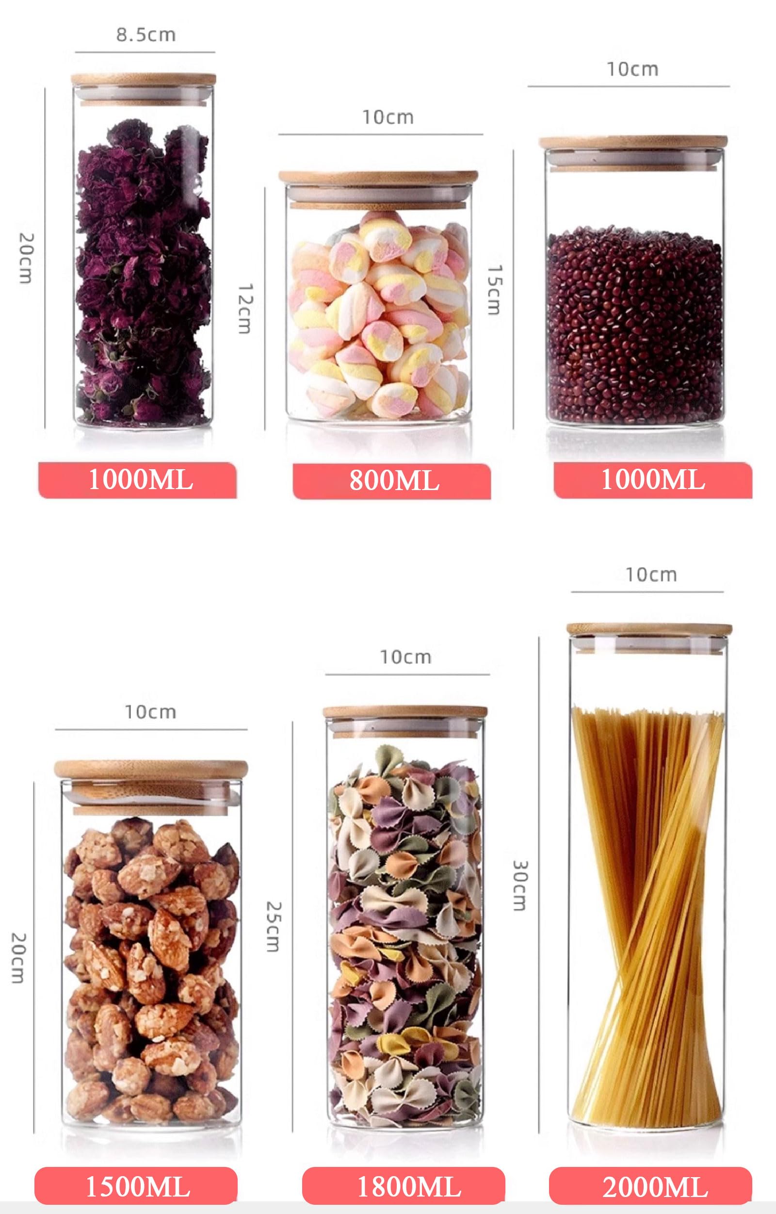 Juego De 3 Recipientes De Vidrio, Tarros De Cristal con Tapas Herméticas, Botes Transparentes para Snacks, Cereales Y Frutos Secos,2000ml