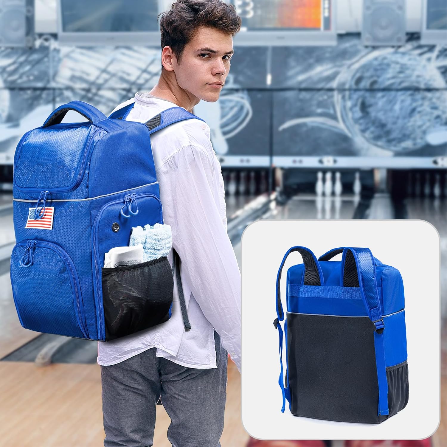 Bowling Ball Backpack with Cup Stand & Polisher Bag, Single Ball Bowling Bag with Separate Shoe Compartment