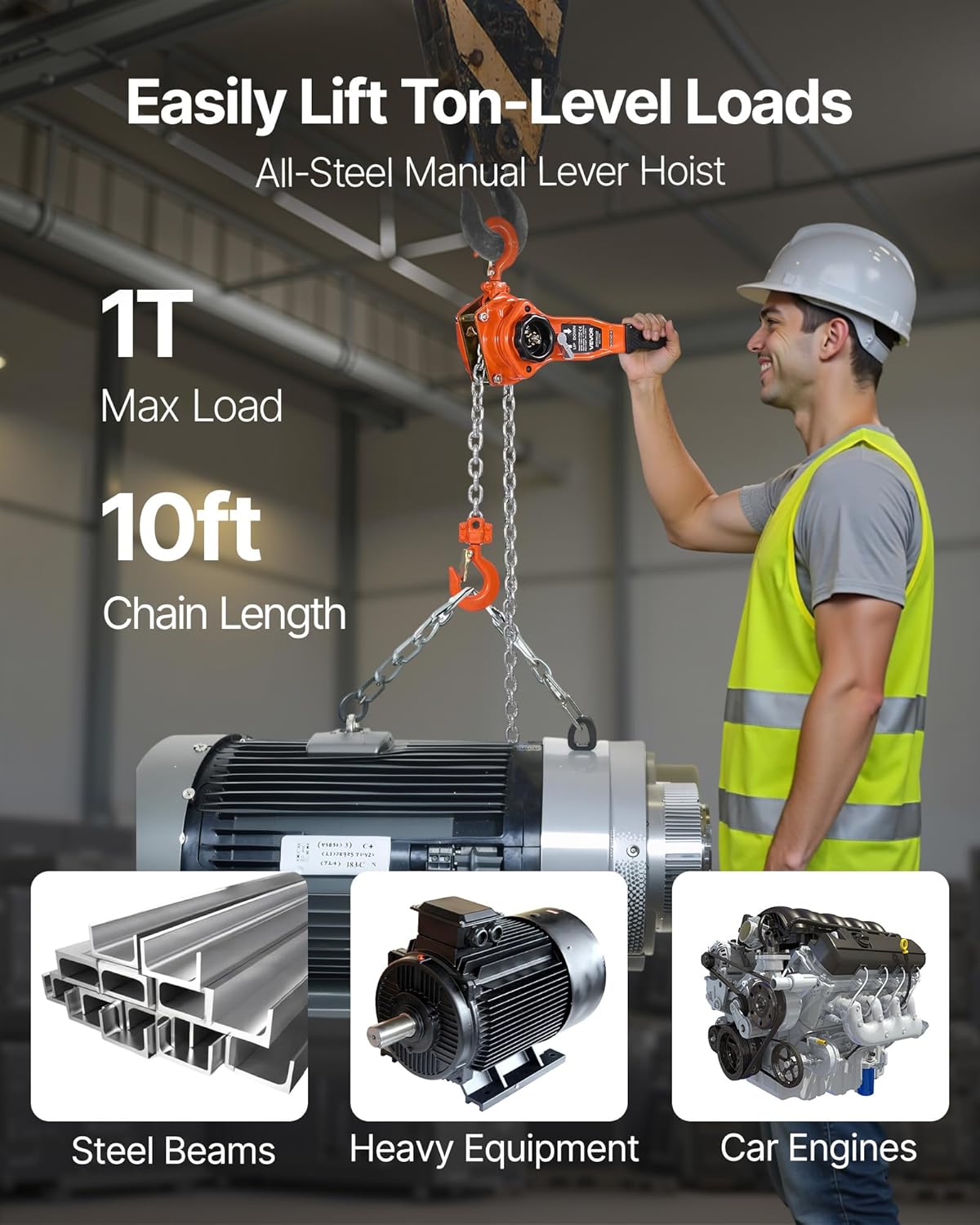 VEVOR Manual Lever Chain Hoist, 1T 2200LBS Capacity Heavy Duty Come Along, 10FT Lift G80 Alloy Steel Chain with Dual Pawl Mechanical Brake,360°Rotating Hooks, for Warehouse Construction Garage - Image 2