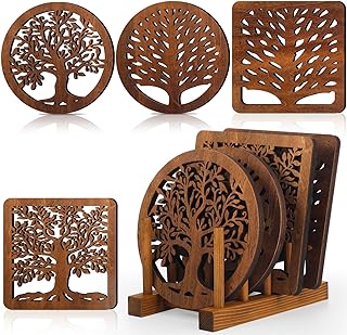 5 Pcs Life Tree Wooden Trivets with Storage Rack Hot Pads Trivets for Hot Dishes Pots and Pans Heat Resistant Mat Set Tea Pot Holders for Kitchen Dining Table(Dark Wood)