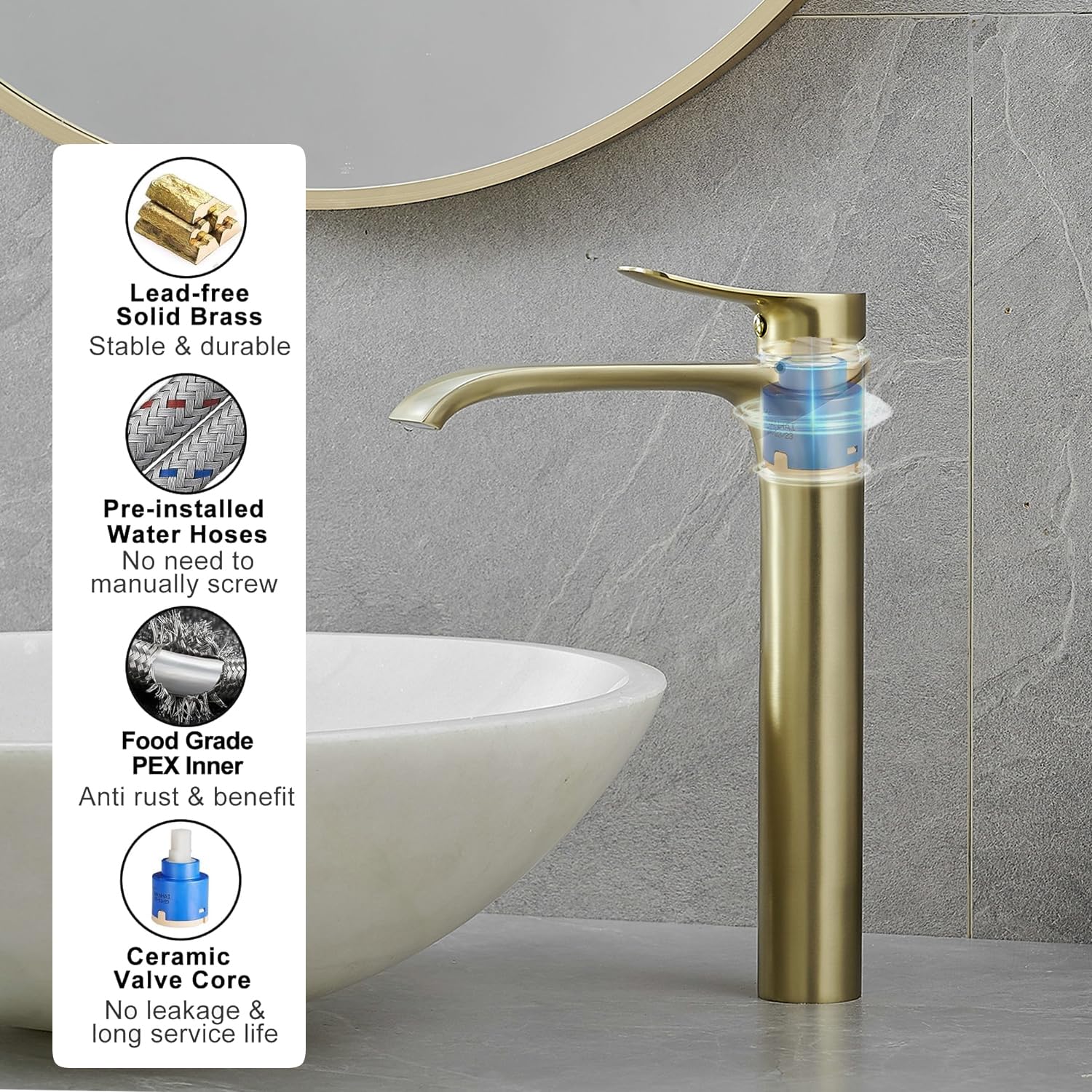 Bathroom Sink Tap Tall Basin Mixer Tap Gold Brushed Mono Waterfall Lavatory Vessel Sink Mixer Tap Single Lever - Image 2