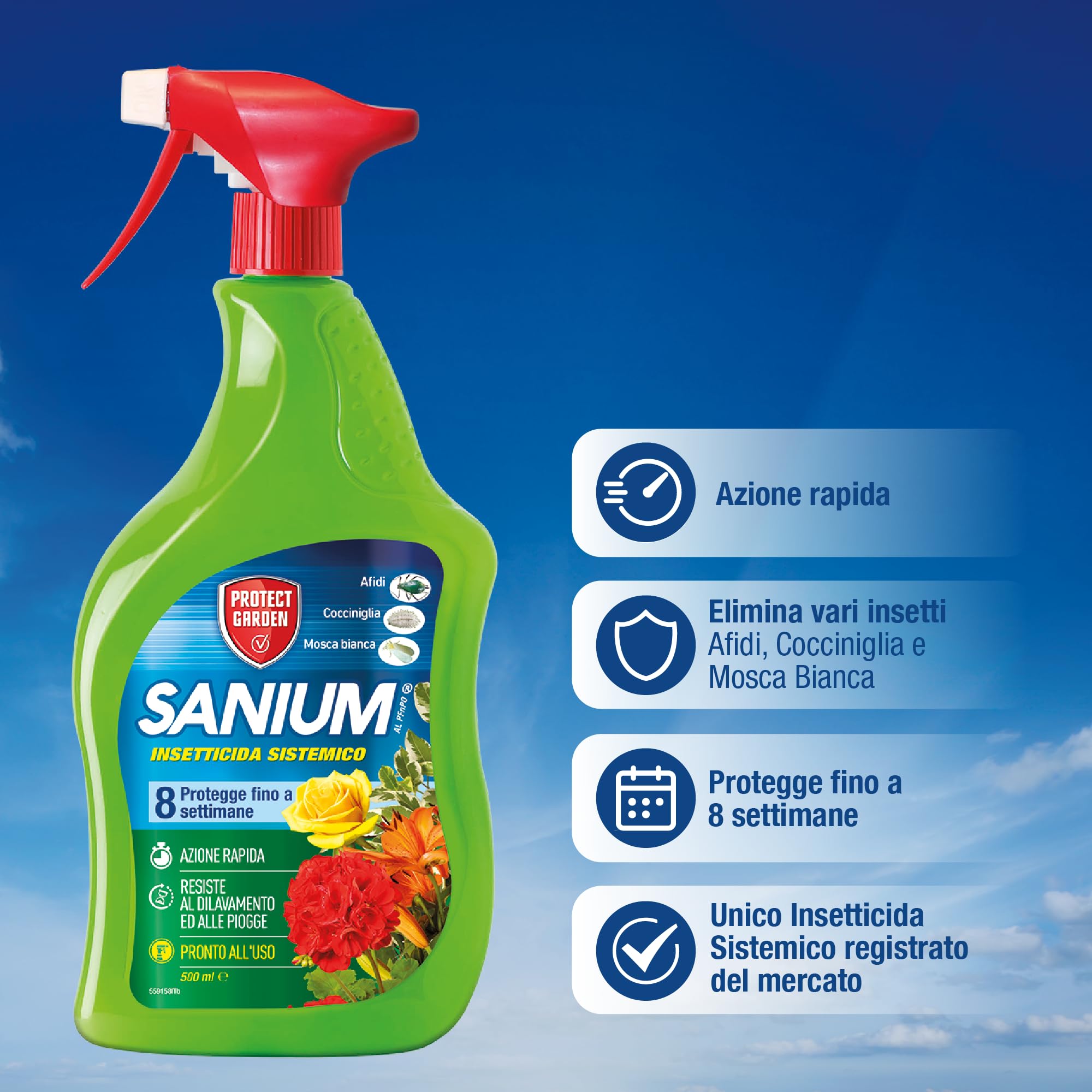 Protect Garden Sanium AL PFnPO Insetticida Sistemico Pronto Uso 500ml Elimina Afidi Cocciniglia Mosca Bianca