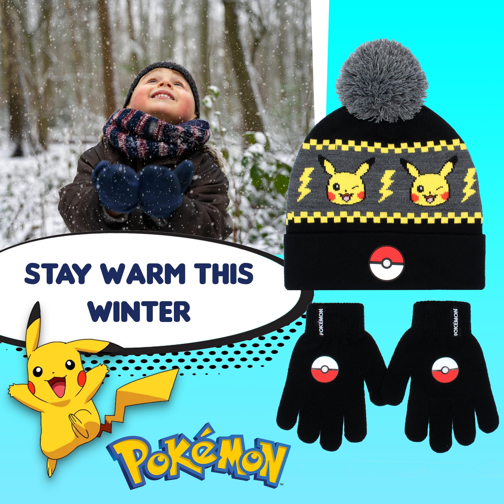Pokemon - Winter Warm & Comfy Beanie Hat & Gloves Set for Boys - Pikachu Design - Perfect for Boys 6-12 Years