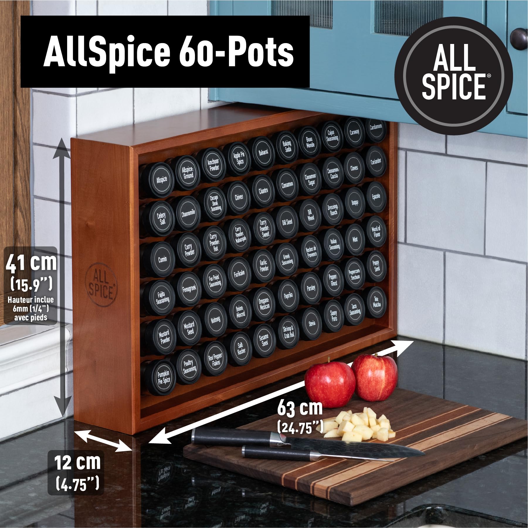 AllSpice étagère à épices en bois, comprend 60 pots en verre, étiquettes et accessoires, finition Noyer