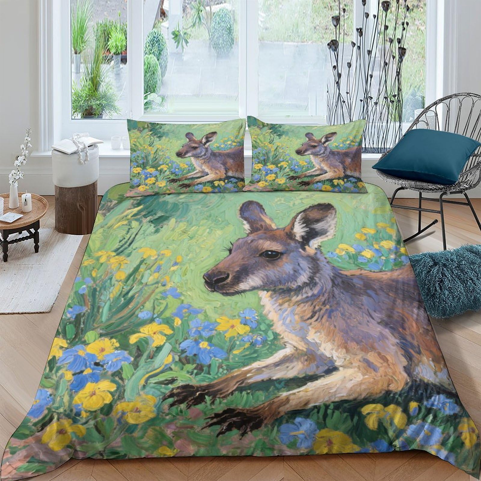 GPLZQXKJNH 3D Printed Kangaroo Meadow Duvet Cover Microfiber Soft Breathable Floral Quilt Cover Set with 2 Pillowcases for Bedroom Decor Single（135x200cm）
