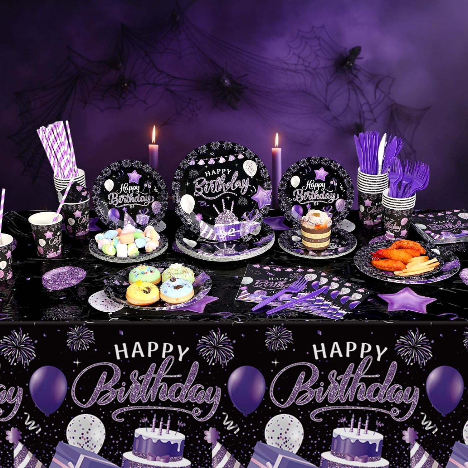 Norme 176 Pcs Purple and Black Birthday Tableware Set Birthday Decoration Includes Tablecloth Paper Plates Napkins Paper Cups Forks Knifes and Straws for 25 Guests Party Supplies (Modern)