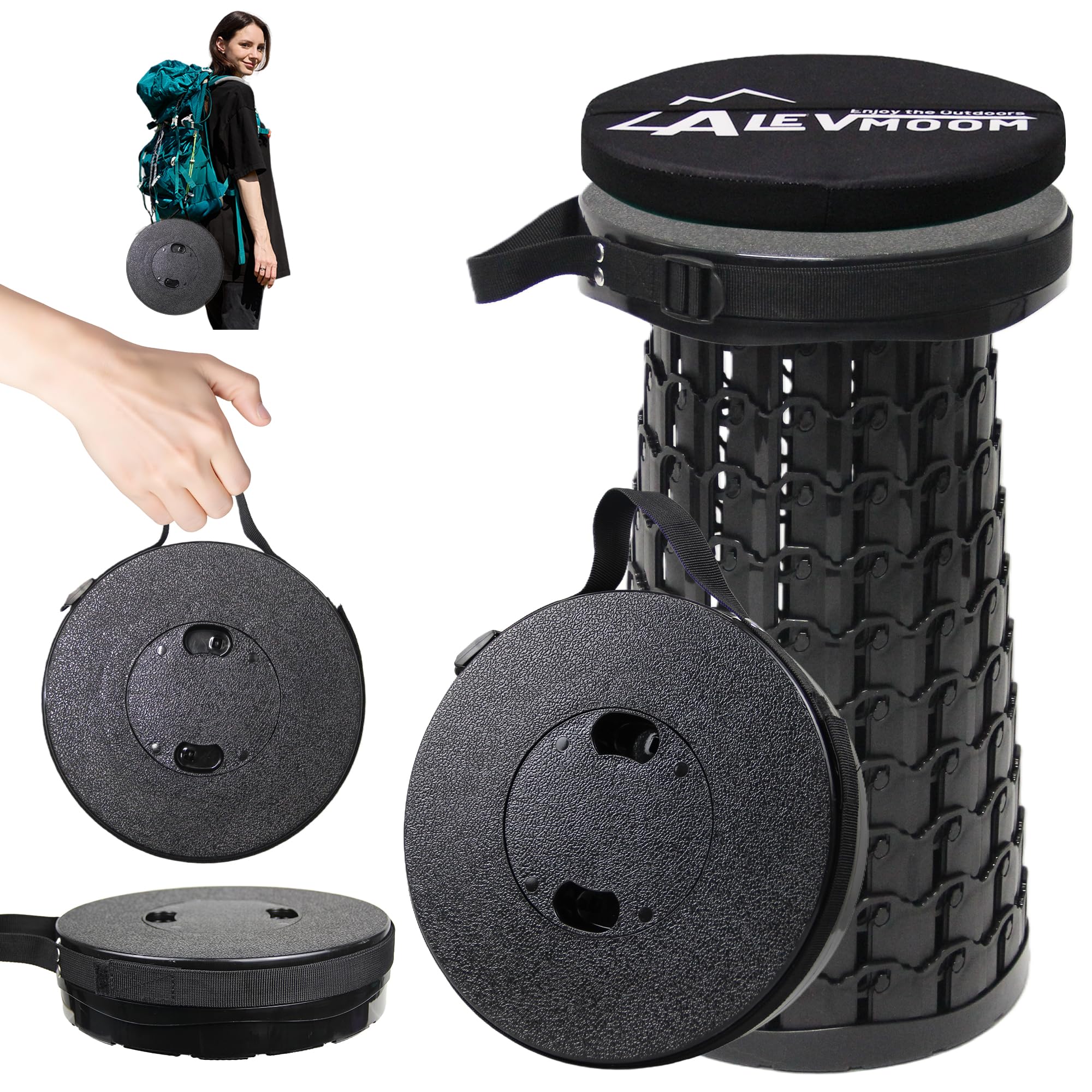 ALEVMOOM Upgraded Collapsible Stool with Cushion,600LBS Max Weight,18.1" Height Adjustable,Sturdy Portable Telescoping Stool,Folding Camping Stool for