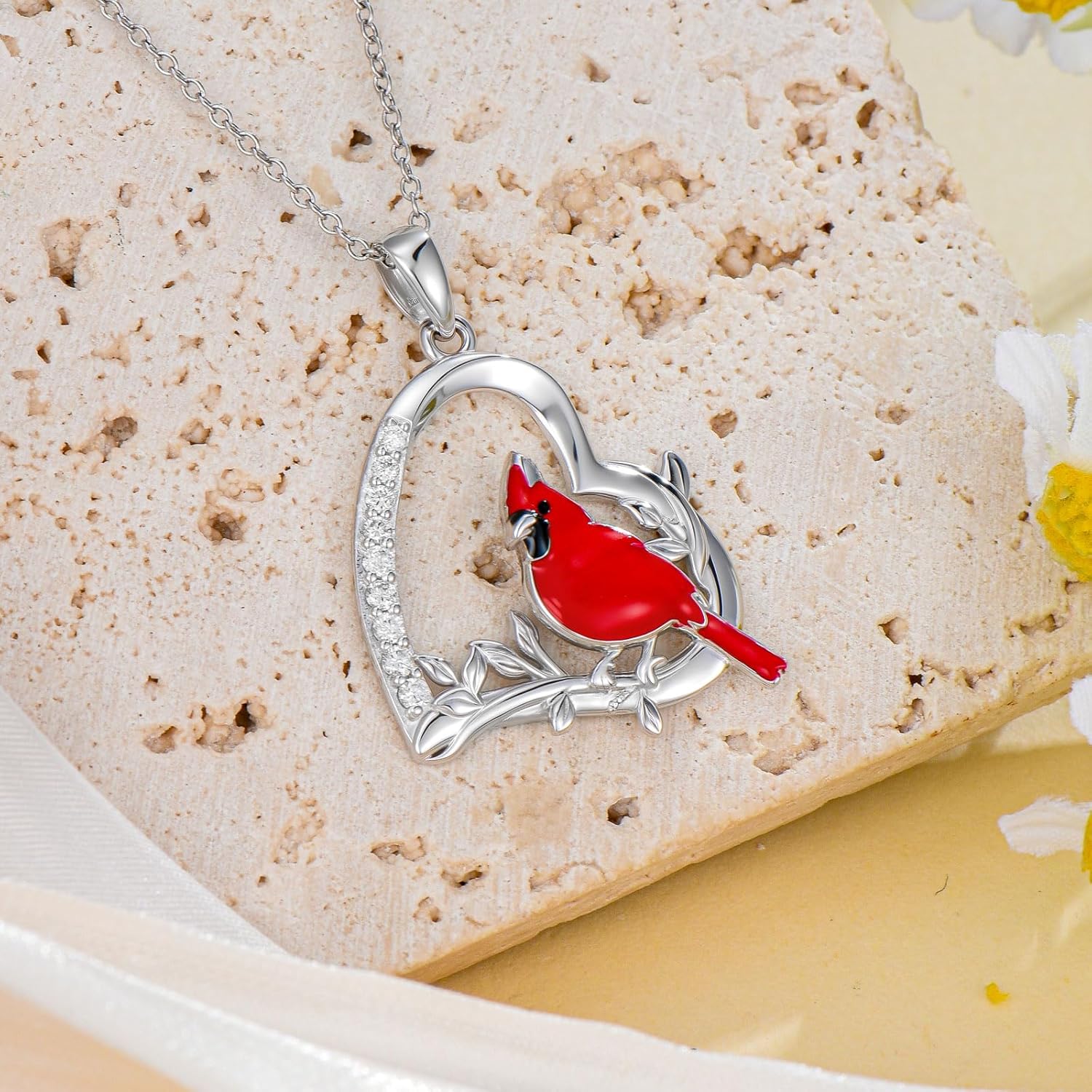 Diamond Cardinal Necklace for Women 925 Sterling Silver Red Cardinal Heart Pendant Necklace Meaningful Sympathy Bird Charms Mothers Day Christmas Jewelry Gifts for Her - Image 2