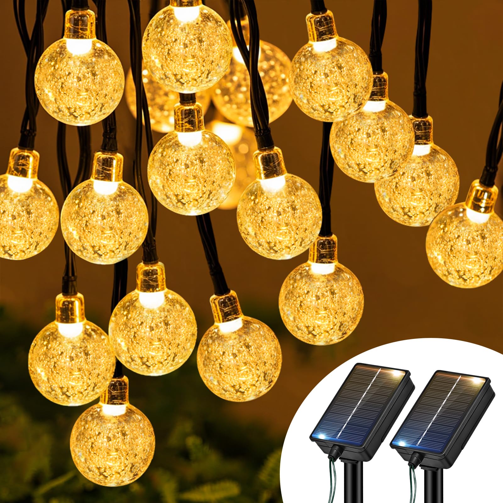 btfarm 2 Paquete Guirnaldas Luces Exterior Solar, 10M 30LED Luces Solares Led Exterior Jardin, 8 Modos Impermeable Cadena de Guirnalda Solar, Terraza, Patio, Fiesta, Navidad, Blanco Cálido