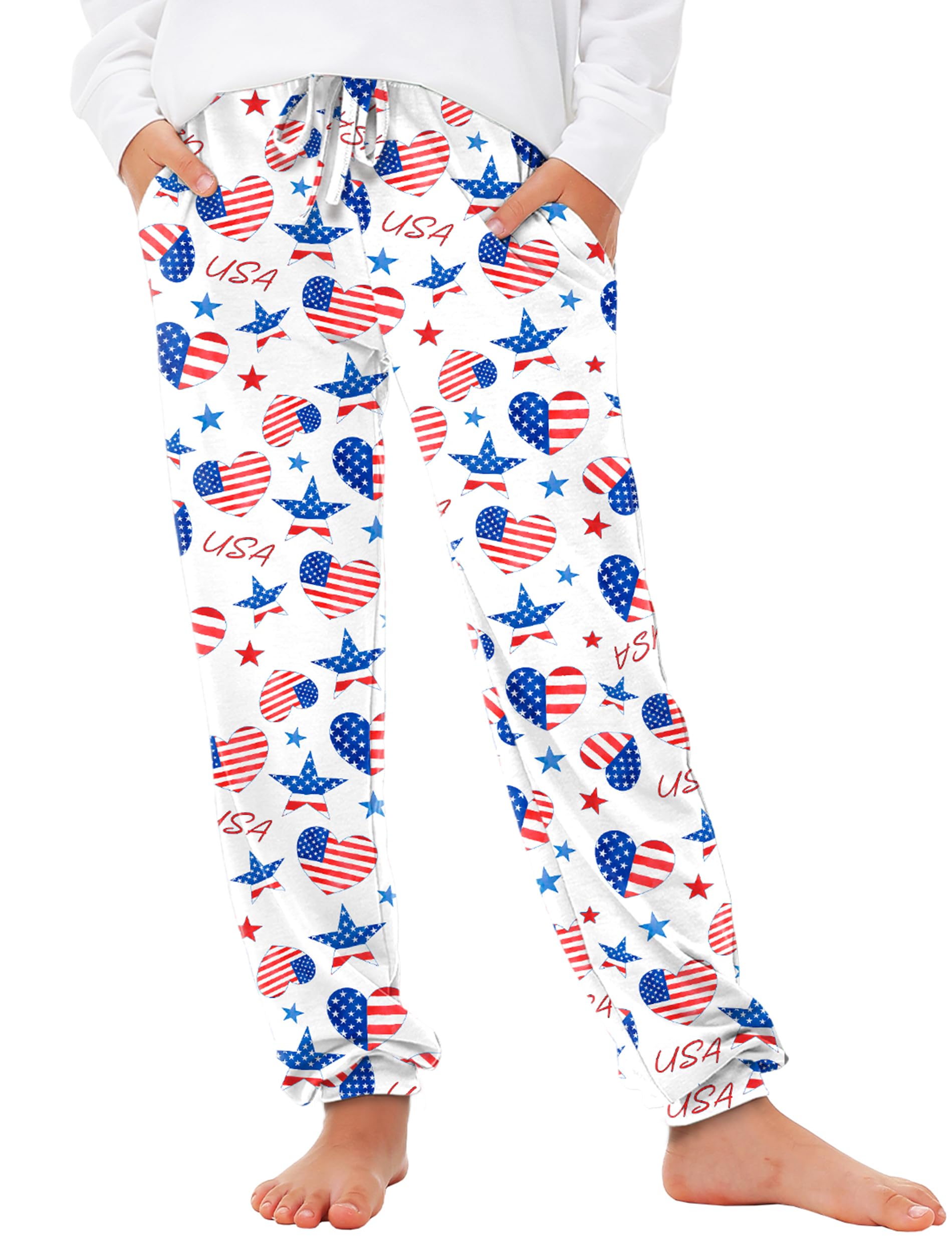 Deerose 4th of July Pants American Flag Drawstring Sweatpants with Pockets 5-14 Years