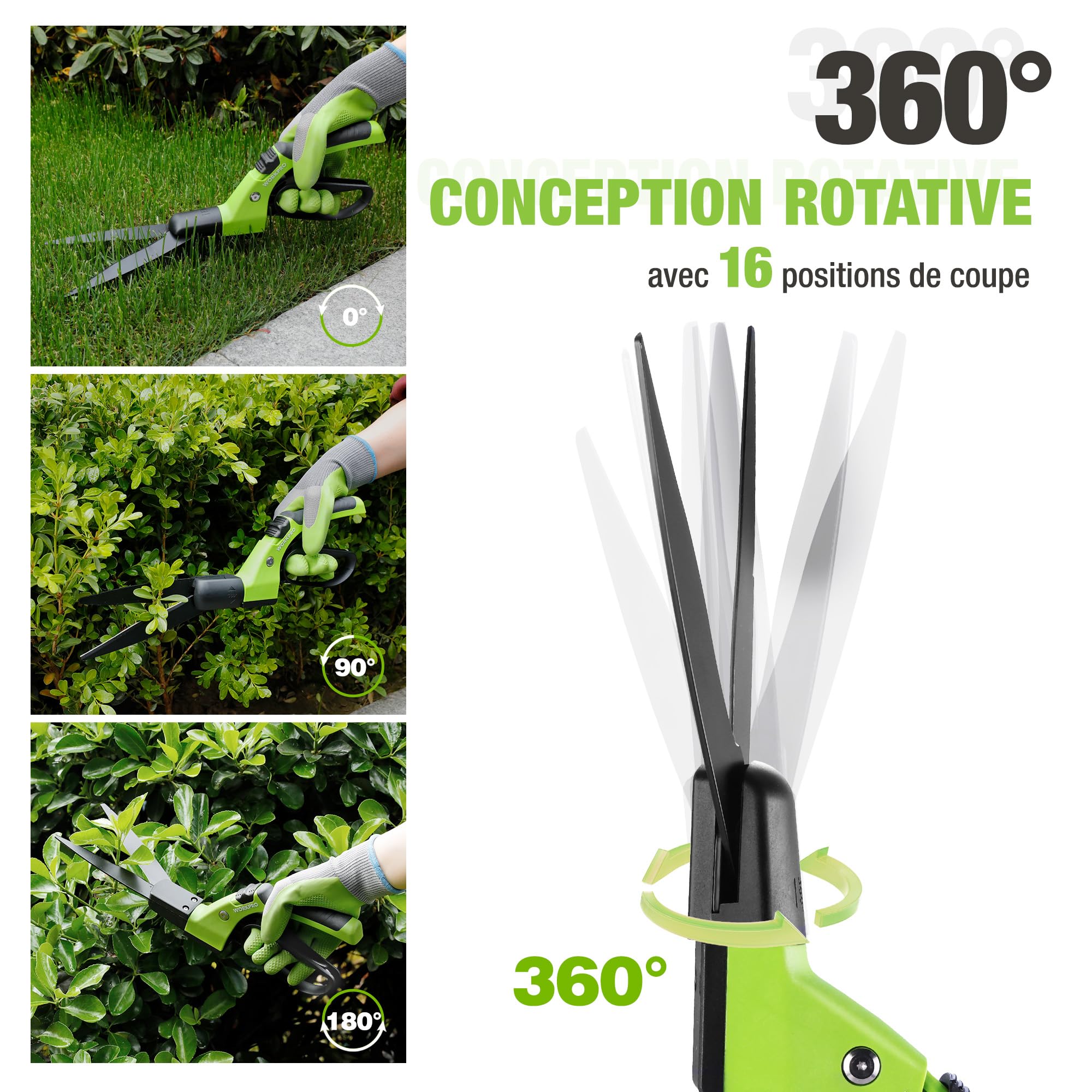WORKPRO Cisailles à Gazon 360° Rotatives avec Lames en Acier, 16 Positions | Poignée Ergonomique Antidérapante, Outil Léger pour Bordures de Pelouse et Entretien du Jardin