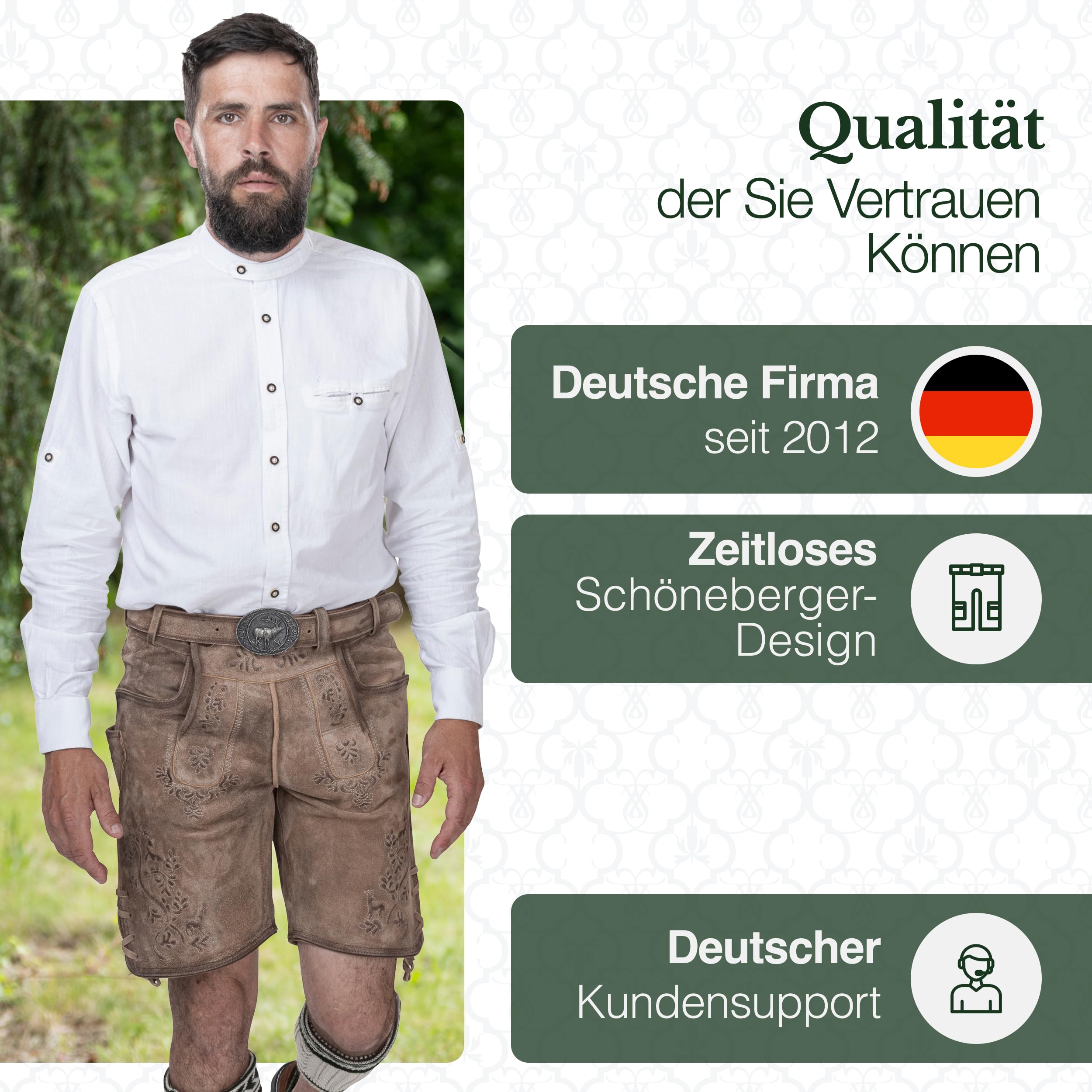 Schöneberger Trachten Couture Herren Lederhose kurz mit Trachtengürtel -Traditionelle Trachtenhose für Oktoberfest aus Original Nubukleder