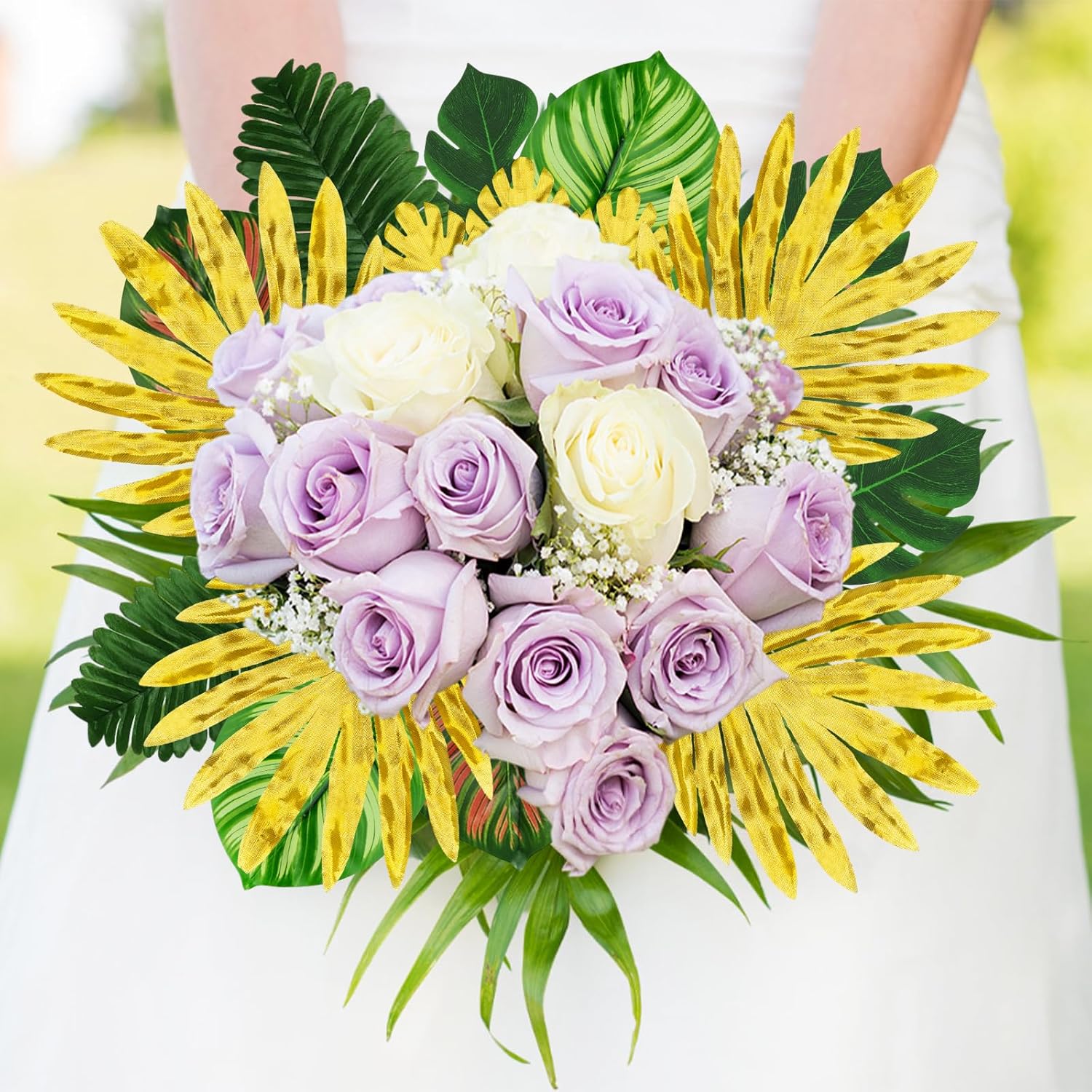 Jungle Party Decorations, 50 Pieces 8 Kinds Palm Leaves Artificial Tropical Monstera, Jungle Leaf with Stem for Jungle Hawaiian Luau Party Table Decoration Wedding Birthday, Green and Gold - Image 3