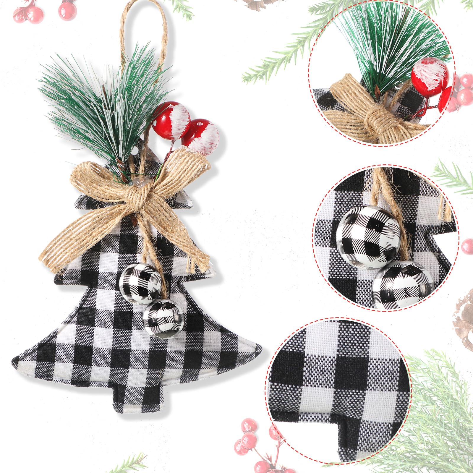 Sratte Lot de 20 décorations de sapin de Noël rustiques à suspendre en toile de jute de 7,9 à 15,2 cm, boules à carreaux rouge/blanc et noir pour décoration de Noël rustique (blanc, noir)