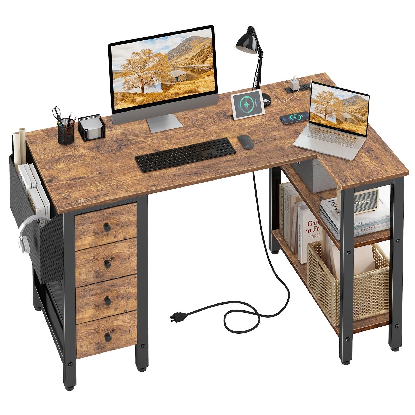 Lufeiya L Shaped Desk with Drawers & Storage Shelves, 47 Inch Small Reversible Corner Desk with Power Outlet for Home Office Bedroom, L-Shaped Gaming PC Computer Desks with Fabric Drawer, Rustic BrownThe Forest Stewardship Council