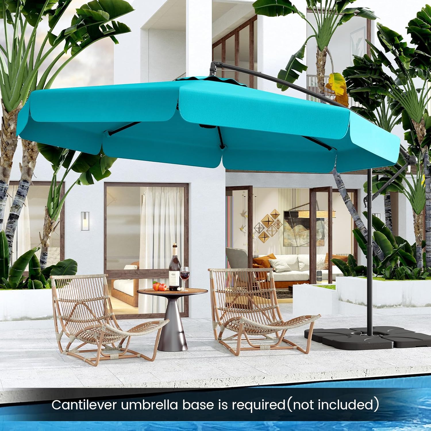 HAPPYGRILL 10FT Offset Hanging Umbrella with Cover, Patio Cantilever Umbrella with Easy Tilt Adjustment, Crank, 8 Ribs, Ruffled Edges, Outdoor Parasol for Poolside Garden