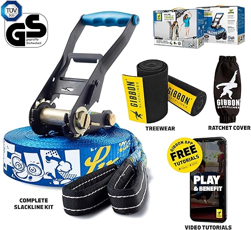 Miniatura 3 de GIBBON Slacklines Funline con ropa de árbol, azul, 49 pies (línea de 41 pies + correa de trinquete de 8 pies con lazo reforzado) incluye protección