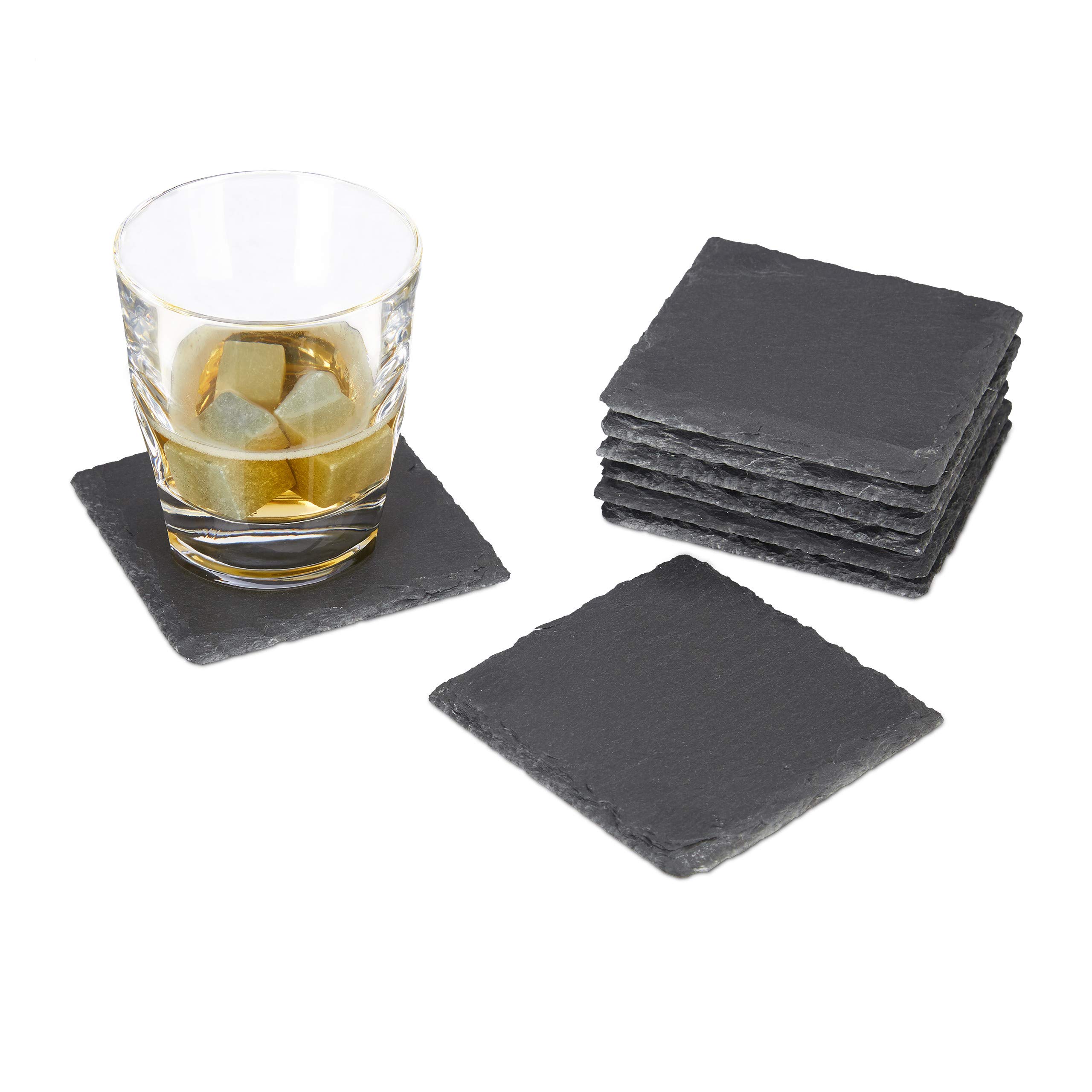 Relaxdays Grey Set Of 8 Slate Coasters, Square 10X10 Cm, Easy-Care Coasters For Glasses,