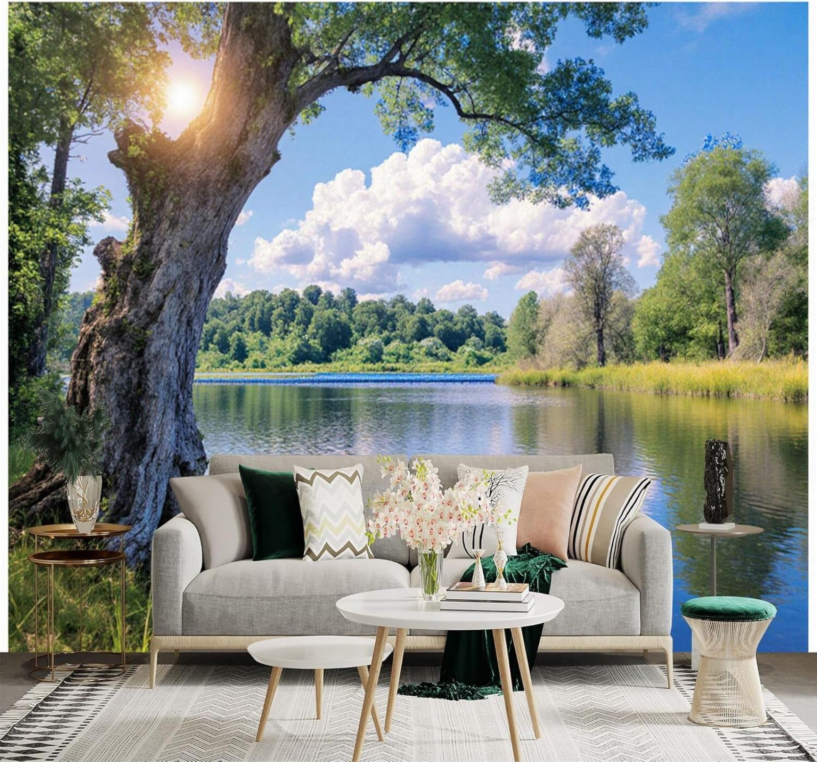Xlming 400Cm×280Cm(B×H) Serene Lake Blue Sky White Clouds Forest Reflection 3D Wallpaper Premium Textured Silk Study Dining Living Room Bedroom Sofa Tv Wall Easy Install-400Cm×280Cm
