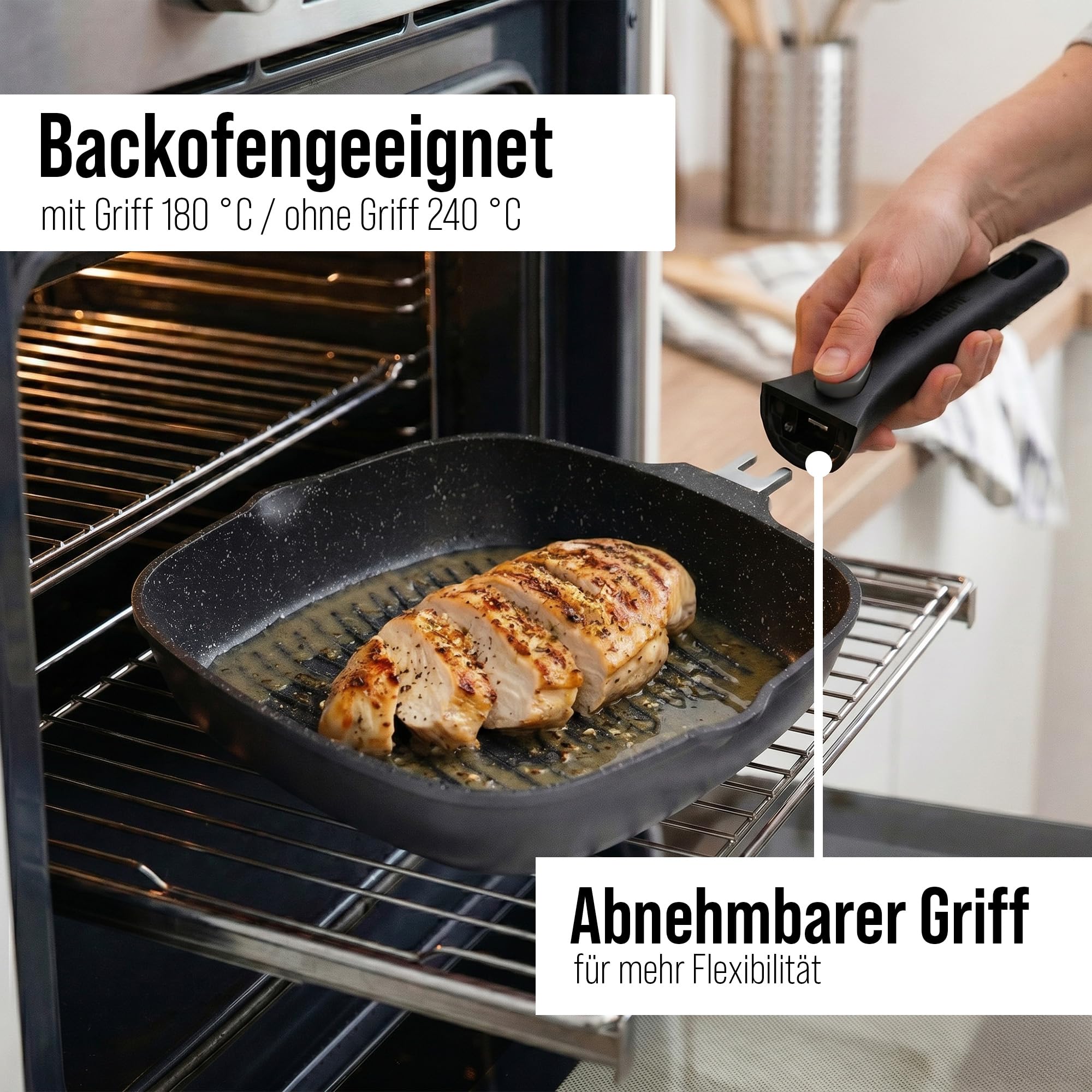 STONELINE SMART Grillpfanne 28 cm ☆ REDESIGN 25/26 ☆ Große Steak Pfanne Aluguss, Abnehmbarem Griff, Pfanne Induktion, Alle Herdarten, Antihaftbeschichtet mit echten Steinpartikeln, Grau