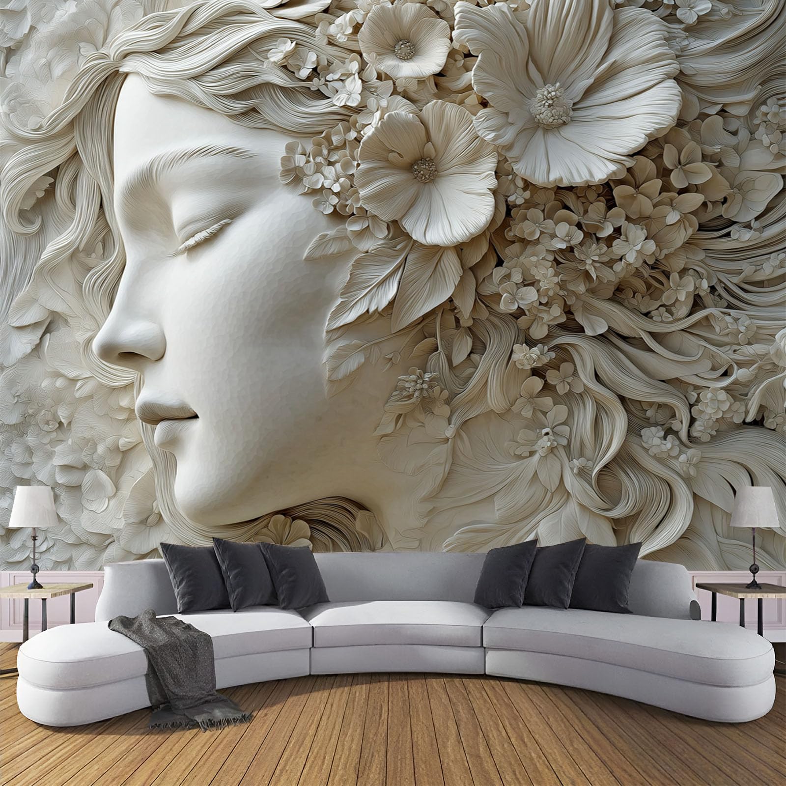 Carta Da Parati Delicato Donna Viso 250×170cm Wallpaper Carta Da Parati Murale 3D, Fiori Foresta Fotomurali Moderni Per Soggiorno E Camera Da Letto, XL Decorazione Murale 3D, Grigio