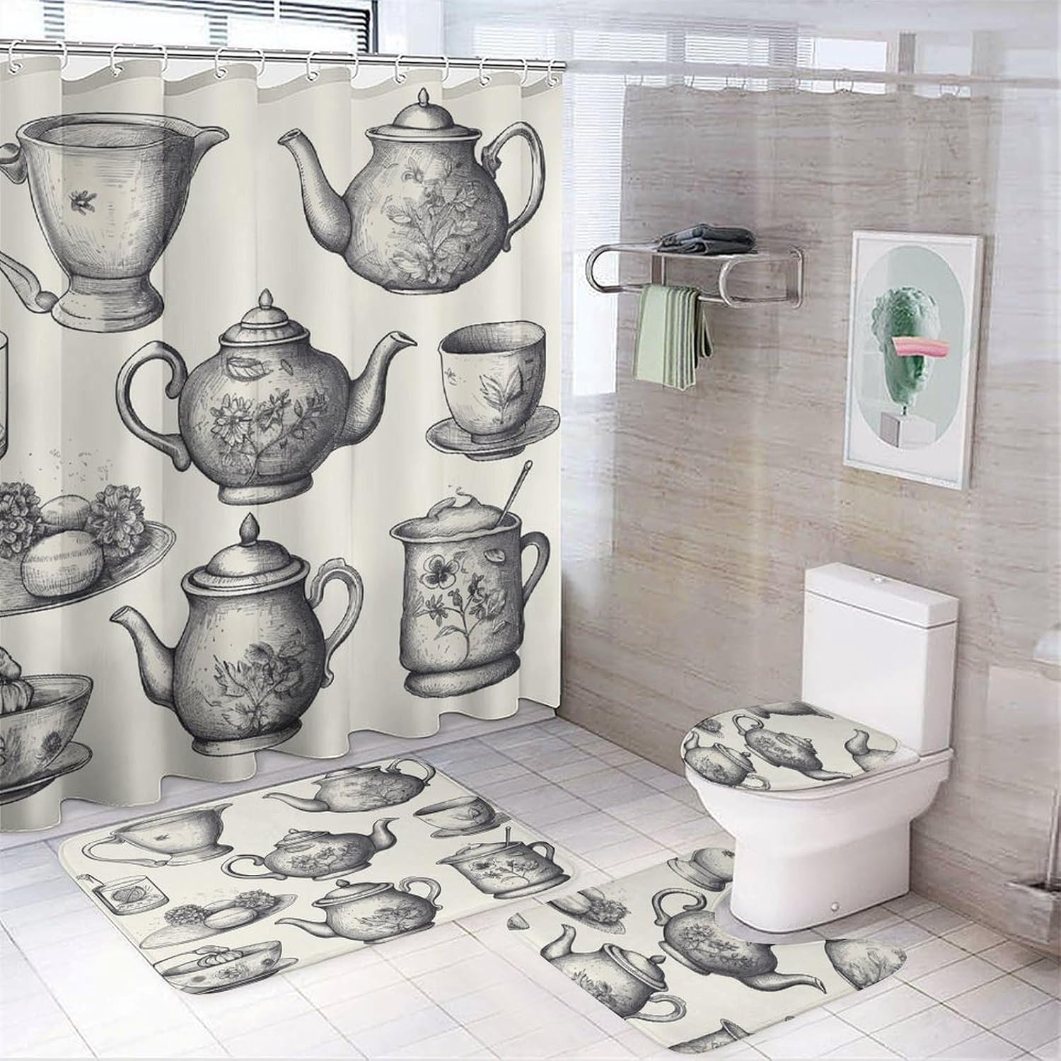 4Pcs Hand Drawn Teapots and Cups Bathroom Sets Decor with Non-Slip Rugs Fashion Toilet Lid Cover Exquisite U-Shaped Mat Modern Shower Curtain with 12 Hooks Bathroom Decor Accessories