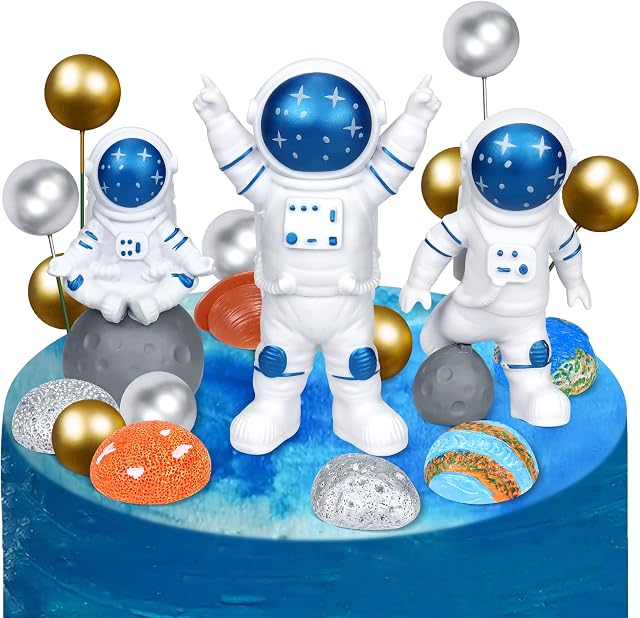 19 Pack Outer Space Theme Happy Birthday Cake Decorations Mini Astronaut Figure Toys Cupcake Toppers with Planet and Pearl Balls Spaceman Kid's Cake Decorating kit for Birthday Party Home Ornaments