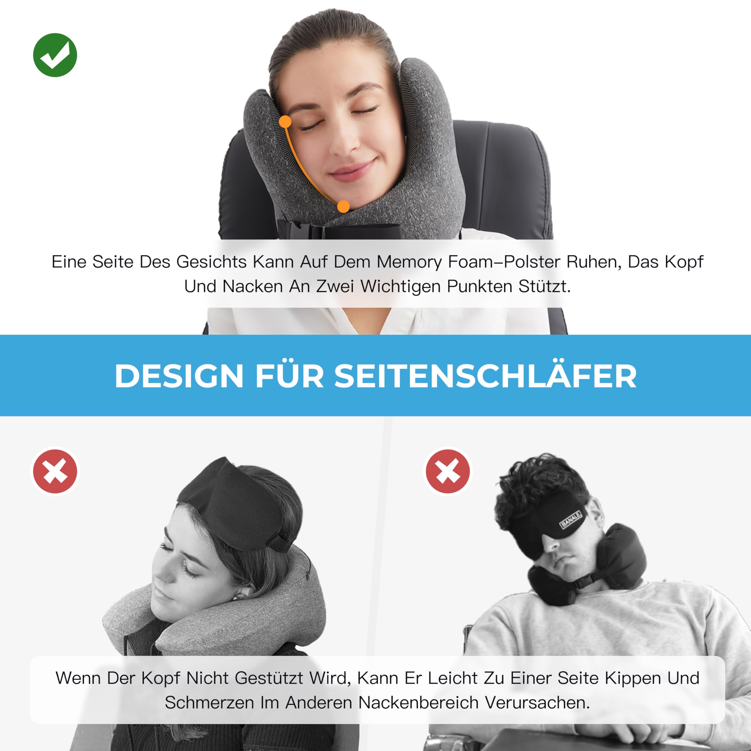 Jamdok Cuscino da Viaggio, Memory Foam, Copertura Lavabile In Lavatrice,Cuscino Cervicale da Viaggio Tightness Regolabile, Supporto testa，Perfetto per Auto Aereo Ufficio e Domestico(grigio)