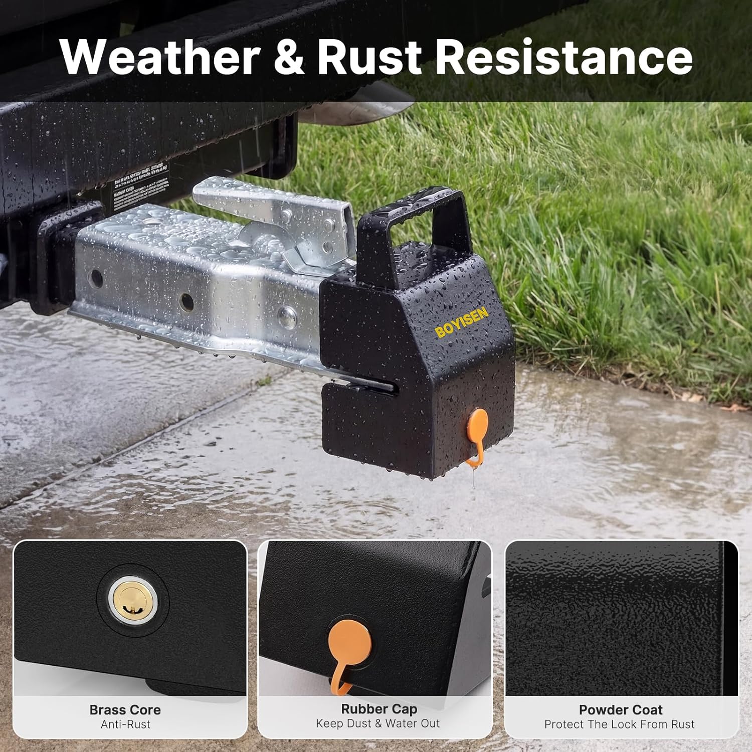 BOYISEN Universial Trailer Coupler Lock with Handle, Hitch Lock for Ball Hitch Fits 1-7/8", 2", 2-5/16" Couplers, Heavy-Duty Trailer Tongue Lock for Towing Rvs, Boat, 3 Keys, Dust Cover, Black