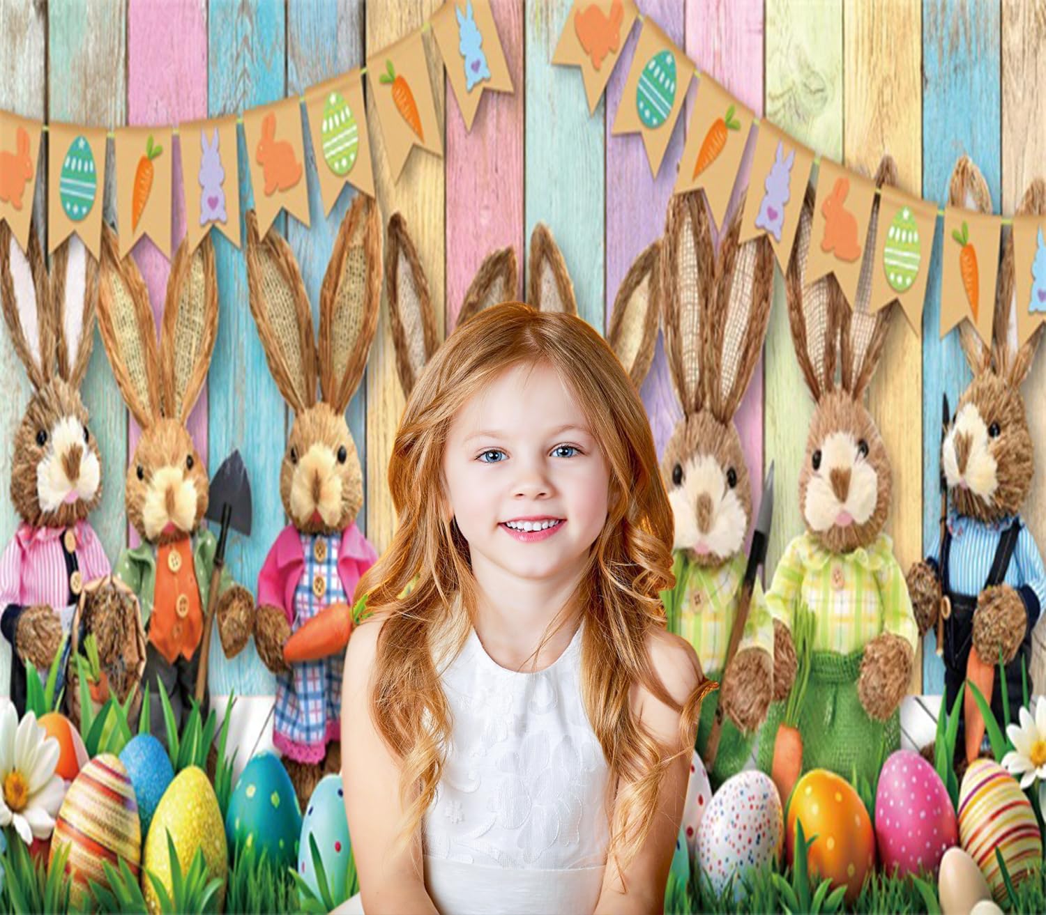7x8ft Spring Easter Garage Door Decor Colorful Wood Eggs Cute Rabbit Pastel Rustic Green Lawn Garage Door Backdrop for Birthday Baby Shower Party Garage Door Banner